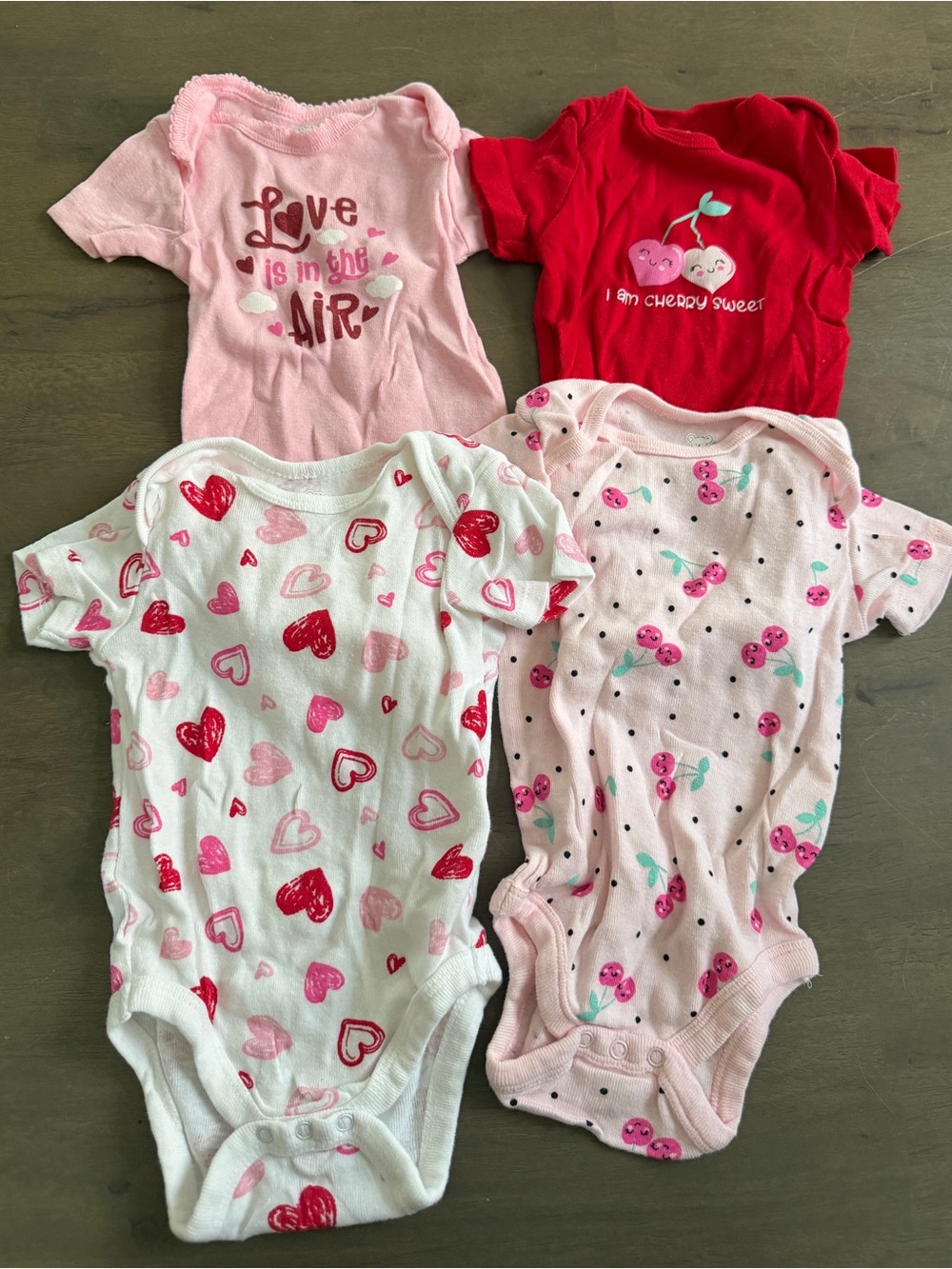 Set of 4 One-Piece Valentines Bodysuit Pack - Pink & Red Heart and Cherry Prints